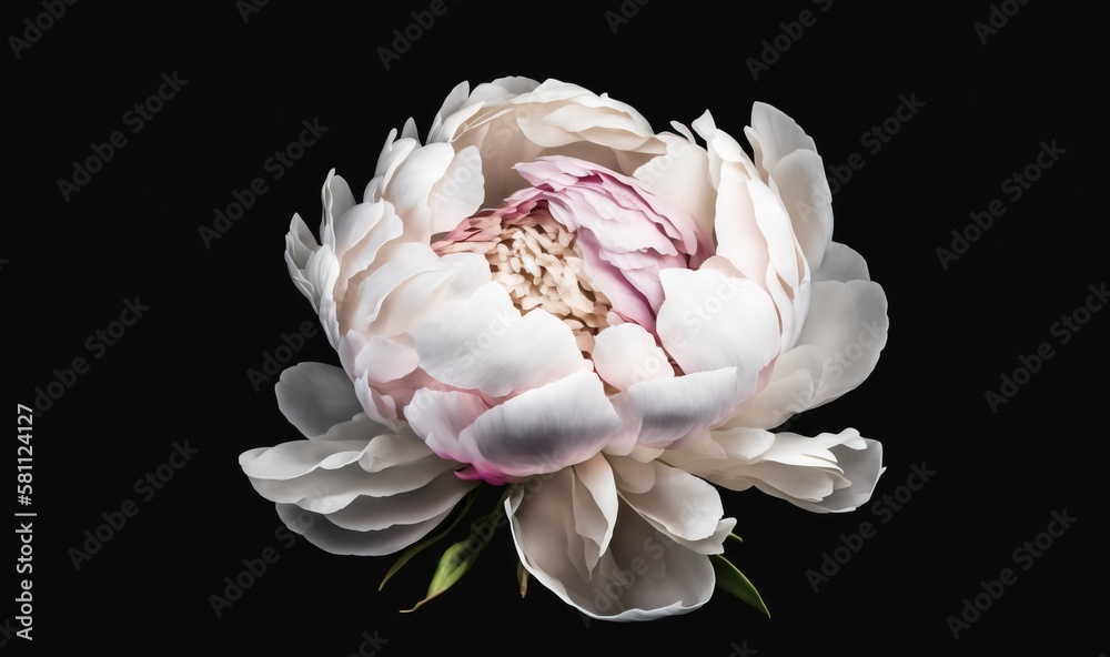  a large white flower with a pink center on a black background with a green stem in the center of th