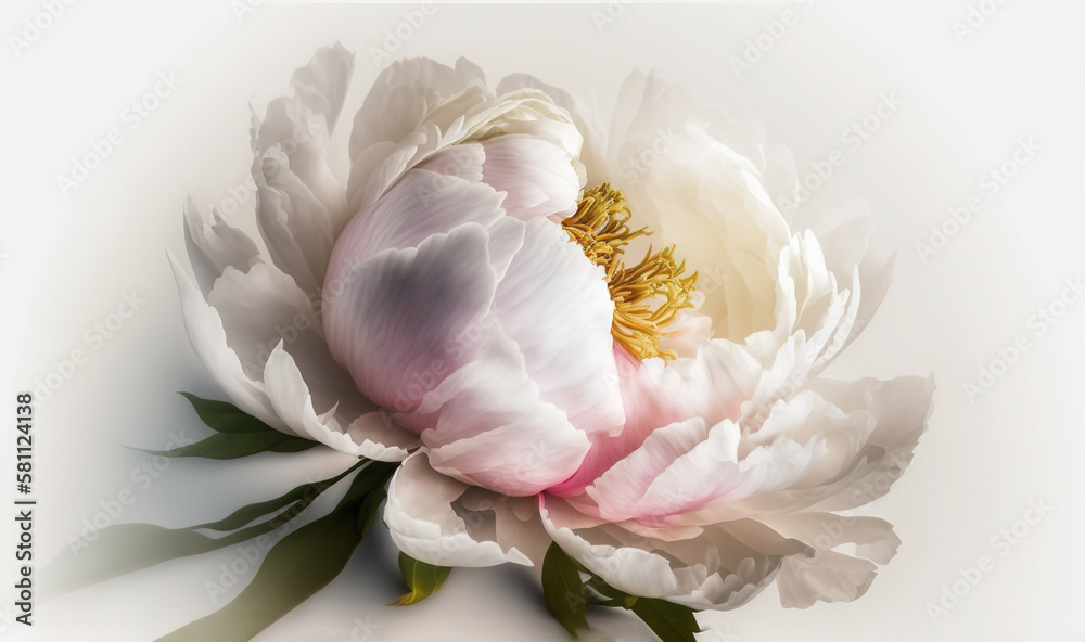  a white and pink flower with green leaves on a white background with a light reflection in the cent