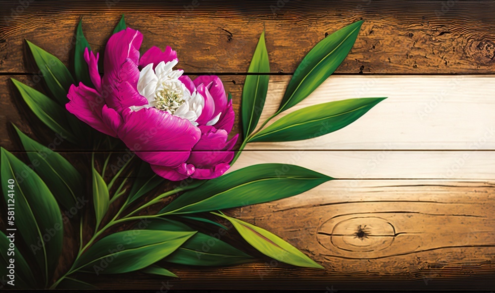  a painting of a pink flower on a wooden background with green leaves and a white flower on the cent