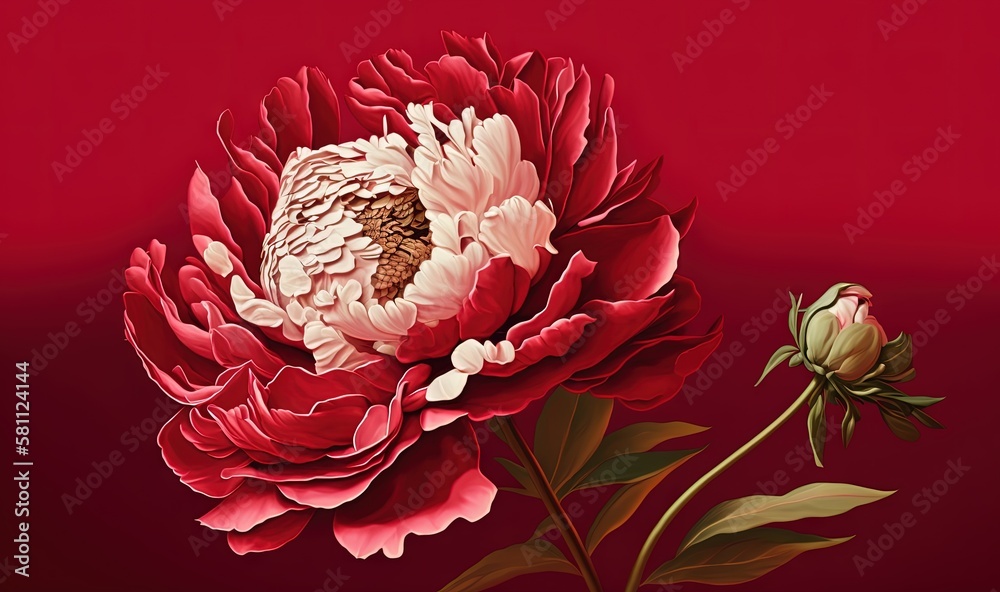  a painting of a large flower on a red background with a green stem and a white and pink flower in t