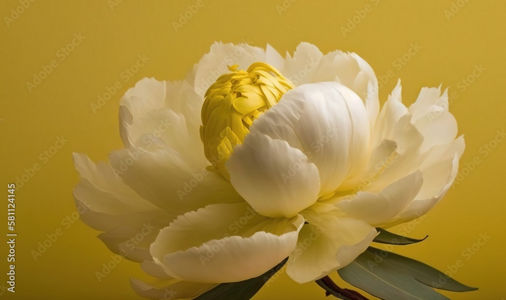  a large white flower with a yellow center on a yellow background with a green leafy stem in the cen