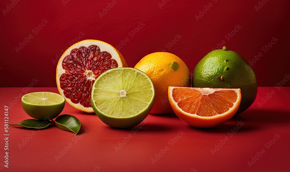  a group of citrus fruits on a red surface with a green leaf and a half of a grapefruit on the side 