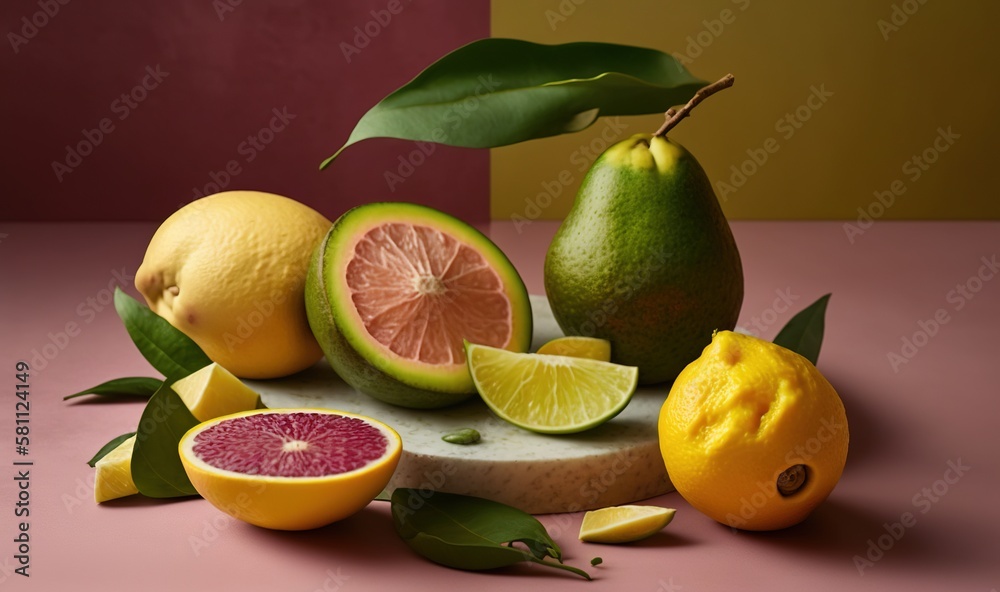  a table topped with different types of fruit on top of a pink table cloth covered in leaves and fru