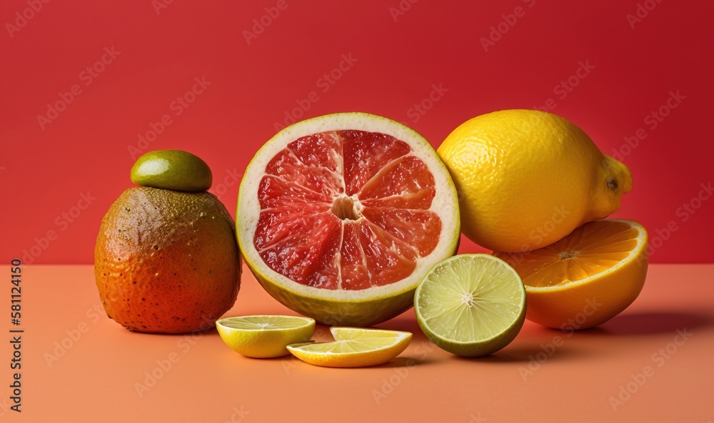  a grapefruit, lime, and oranges on a pink surface with a red background and a lime in the middle of