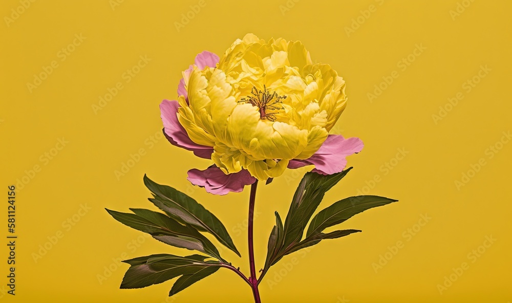  a yellow and pink flower with green leaves on a yellow background with a yellow background and a ye