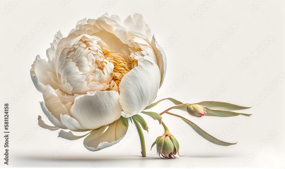  a large white flower with green leaves on a white background with a white background and a white ba