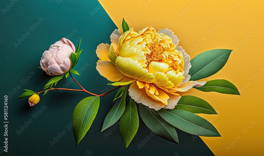  a yellow and pink flower on a green and yellow background with leaves on the bottom of the image an