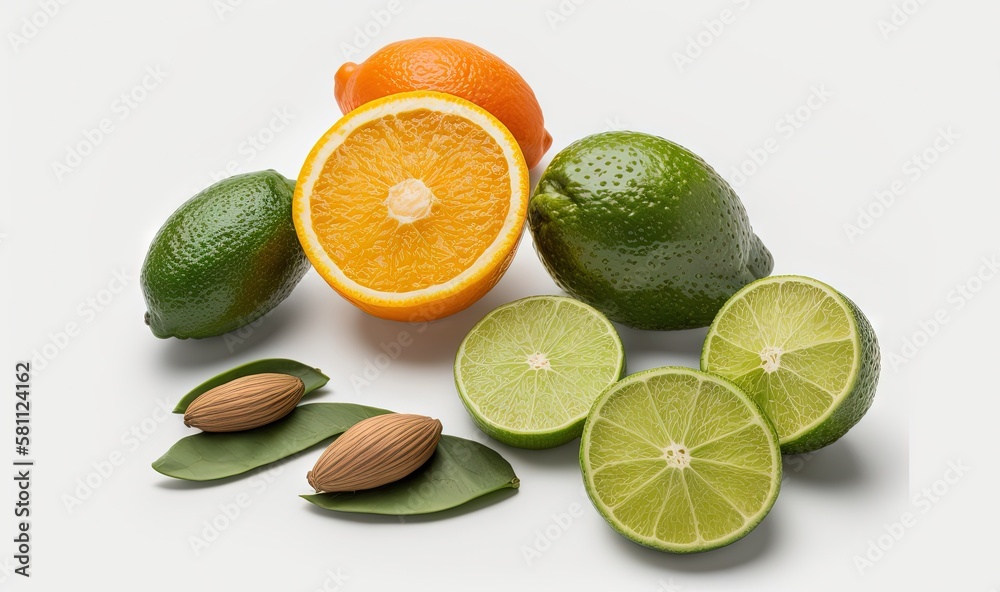  an orange, lime, and almonds cut in half on a white surface with leaves and a slice of orange on to