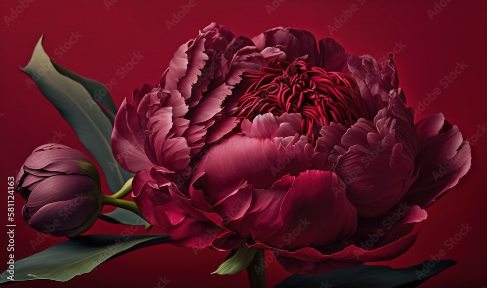  a large red flower with green leaves on a red background with a dark red background and a dark red 