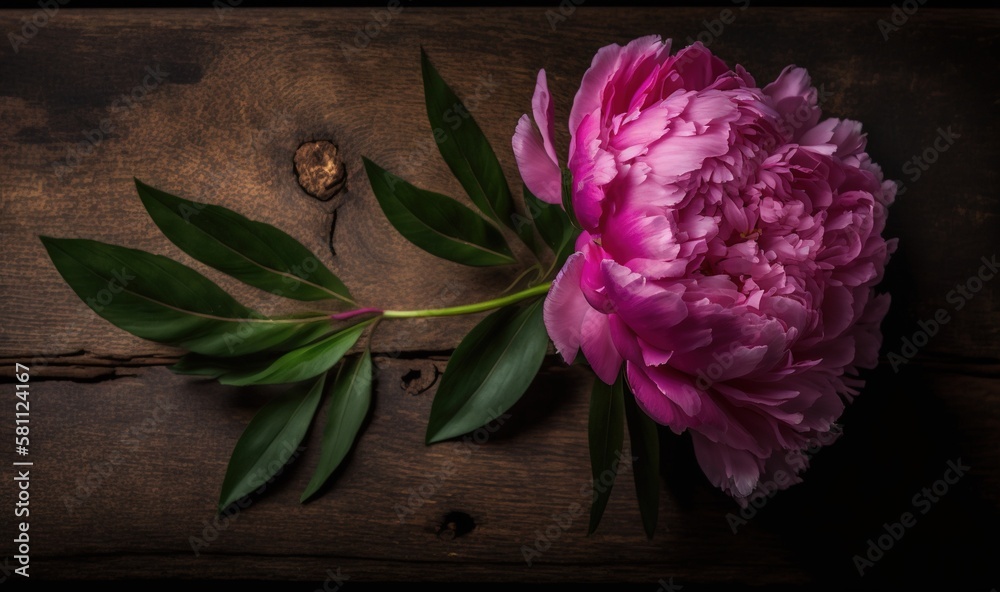  a large pink flower sitting on top of a wooden table next to a green leafy branch of a plant on top