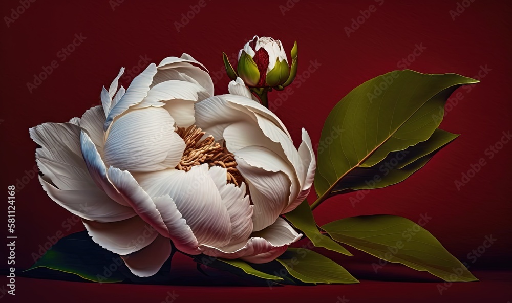  a large white flower with green leaves on a red background with a red background and a red backgrou