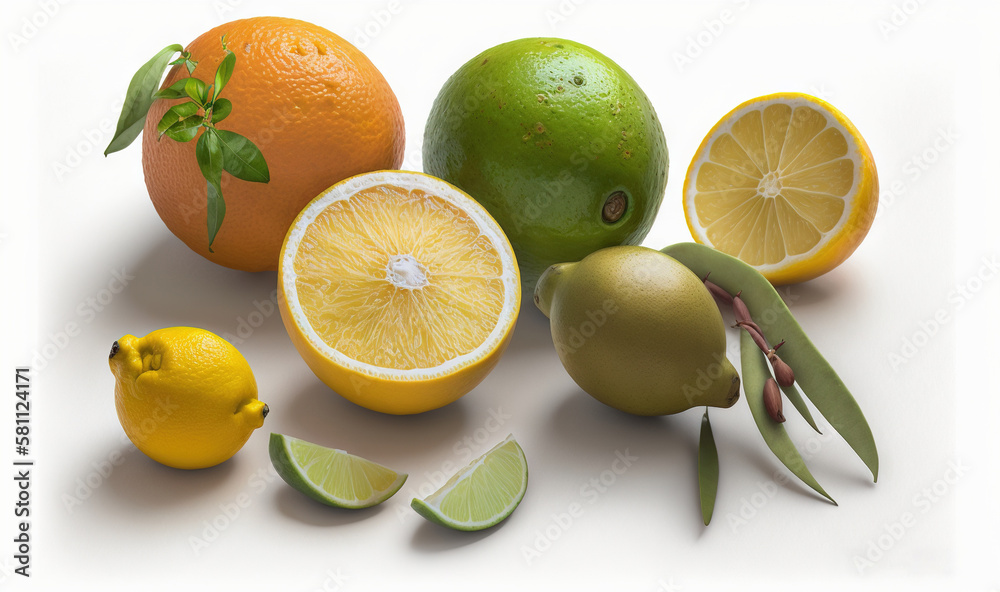  a group of citrus fruits including limes, oranges, and lemons on a white background with leaves and