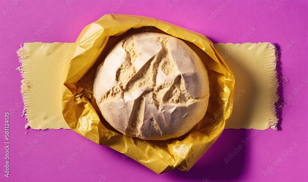  a loaf of bread sitting on top of a piece of yellow wrapper on top of a purple tablecloth covered w