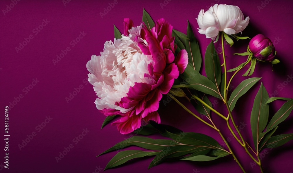  a pink and white flower on a purple background with green leaves and buds on the stem of the flower