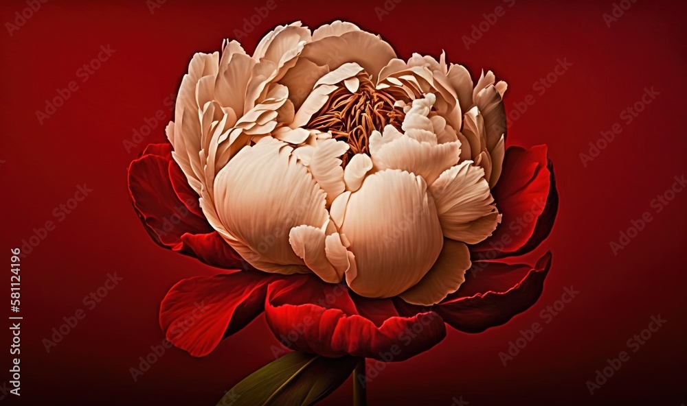  a large white and red flower on a red background with a green stem in the center of the flower and 