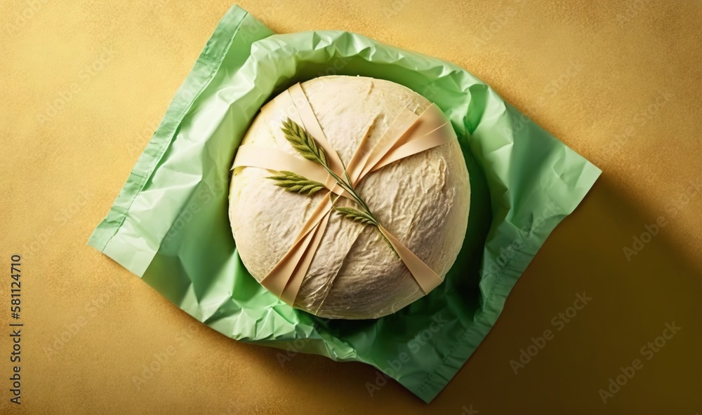  a round bread with a green wrapper on top of it sitting on a table next to a green bag on a yellow 