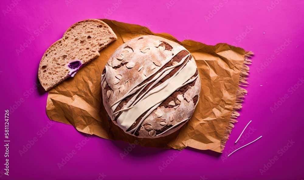  a loaf of bread sitting on top of a piece of brown paper next to a slice of bread on top of a piece