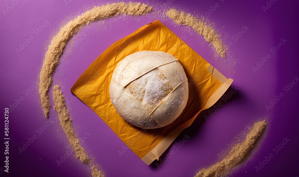  a loaf of bread sitting on top of a piece of paper on top of a purple tablecloth with a yellow enve