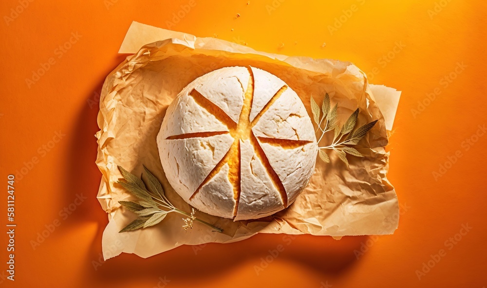  a piece of bread with a cross on it on a piece of wax paper on an orange surface with leaves and le