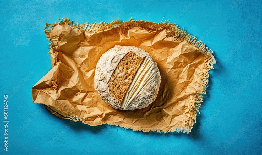  a loaf of bread sitting on top of a piece of paper on top of a blue tablecloth covered in brown pap