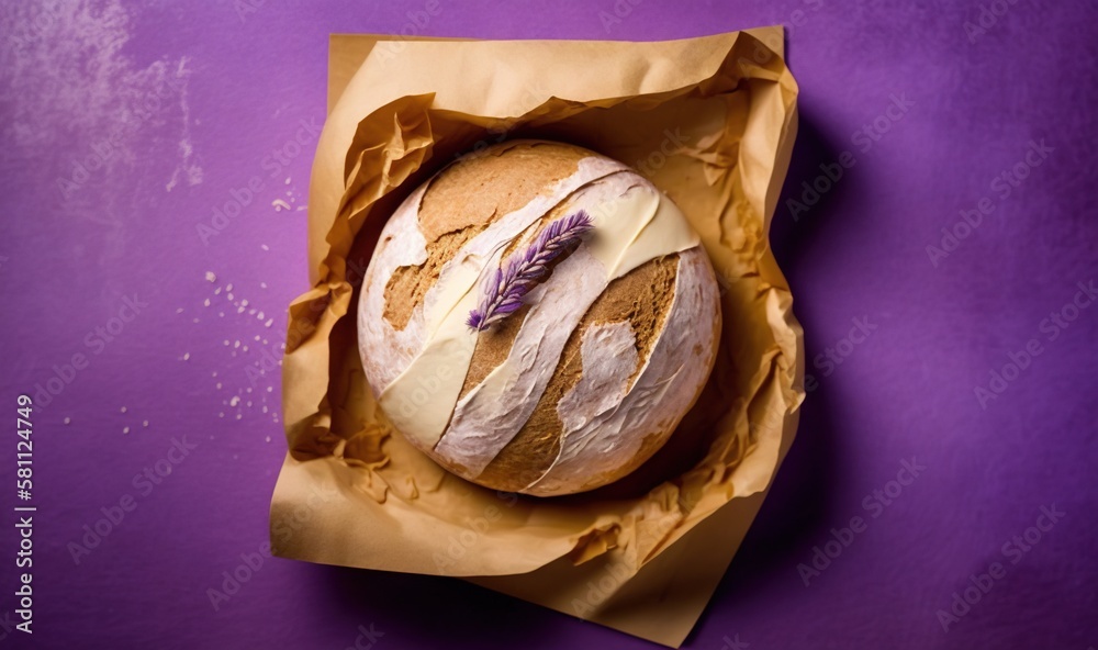  a loaf of bread sitting in a brown paper bag on a purple surface with a purple and white background