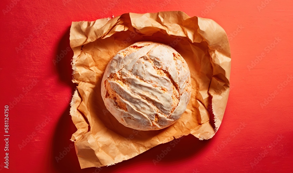  a loaf of bread sitting on top of a piece of wax paper on a red tablecloth covered tablecloth with 