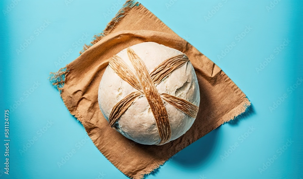  a loaf of bread on a napkin on a blue surface with a brown napkin underneath it and a piece of brow