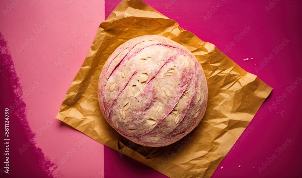  a piece of food on a piece of paper on a pink surface with a yellow wrapper around it and a pink wa