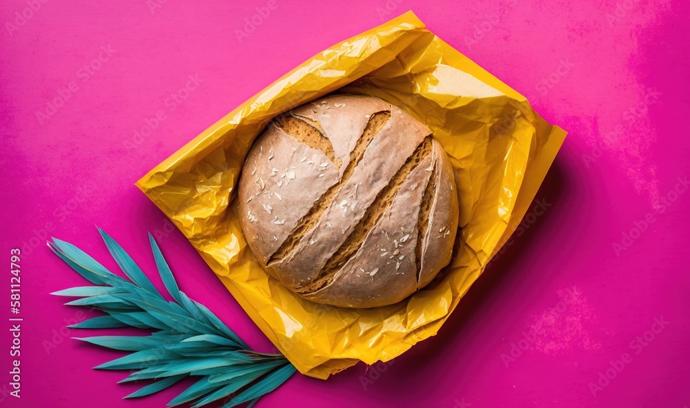  a loaf of bread sitting on top of a yellow wrapper next to a green plant on a pink surface with a b