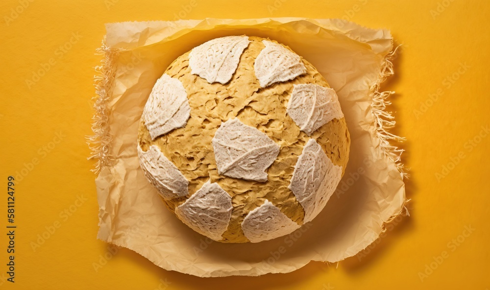  a round bread on a piece of paper on a yellow surface with a hole in the middle of the bread that h