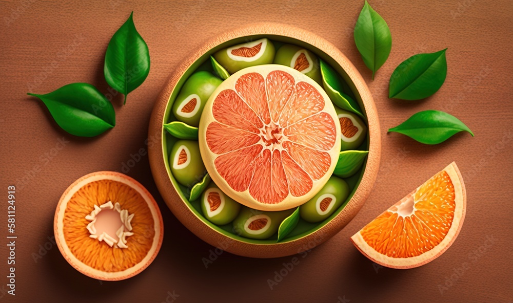  a bowl of fruit with oranges and green leaves on a brown surface with a cut in half grapefruit in t