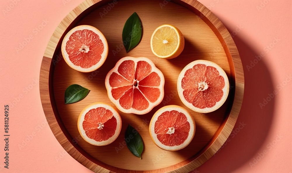  grapefruits cut in half on a wooden plate with green leaves on a pink background with a pink wall b