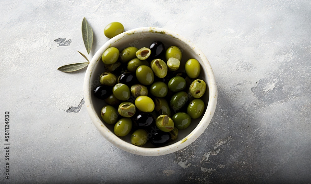  a bowl of green olives with a sprig of olives on the side of the bowl on a white tablecloth surface