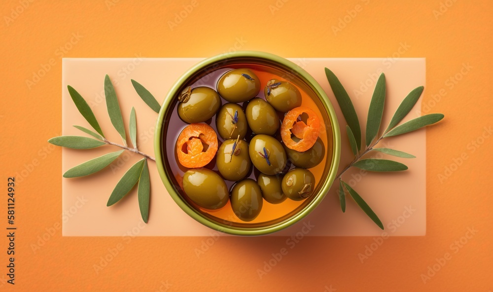  a bowl of green olives and orange peppers on an orange background with a green leafy branch on top 