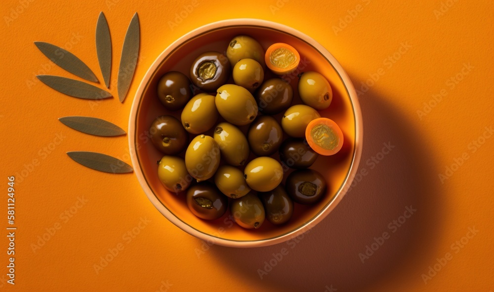  a bowl of olives and an orange background with a leaf on the side of the bowl and an olive on the o