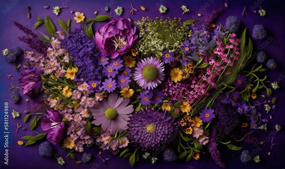  a bunch of flowers that are laying on a purple tablecloth with green leaves and purple flowers on t