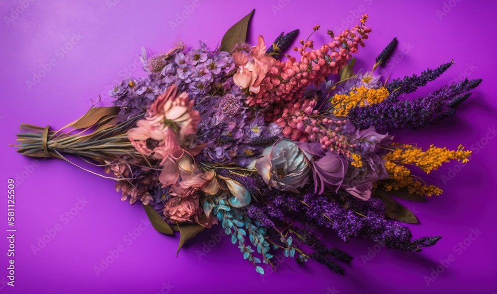  a bunch of flowers that are on a purple surface with a purple background and a purple background wi