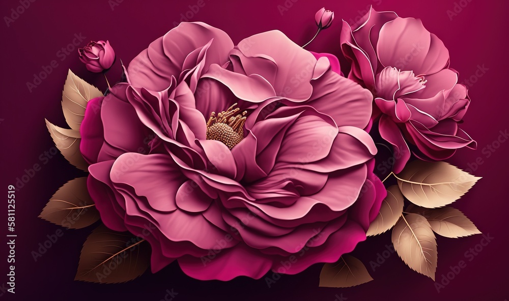  a large pink flower with leaves on a purple background with a gold center and two smaller pink flow