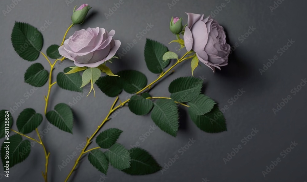  three pink roses with green leaves on a gray background with a gray wall in the background and a gr