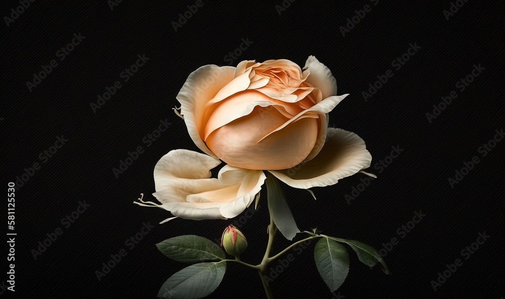  a single peach colored rose with green leaves on a black background with a black background and a w