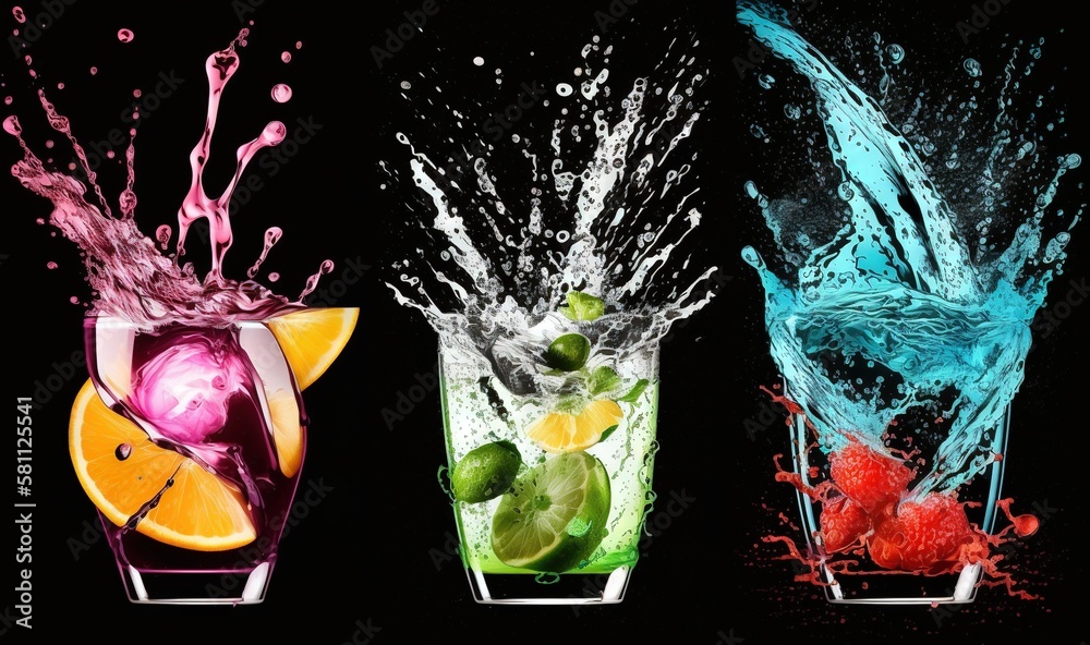  three glasses filled with different colored liquids and fruit in them with splashing from the top t