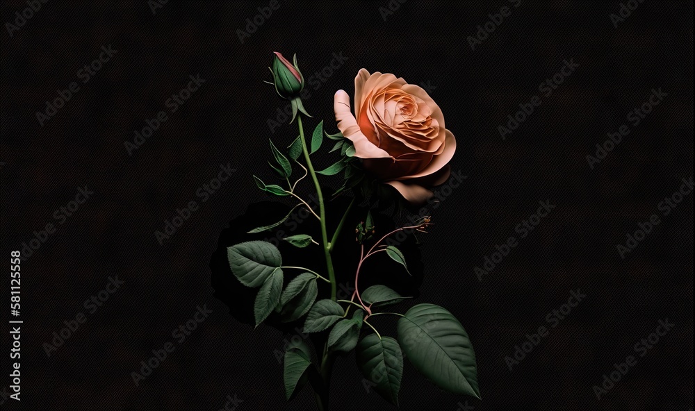  a single pink rose with green leaves in a vase on a black background with a black background behind