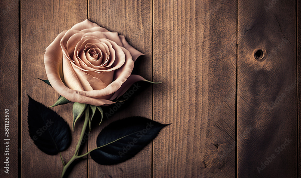  a single pink rose on a wooden surface with leaves on the side of the frame and a black stem on the