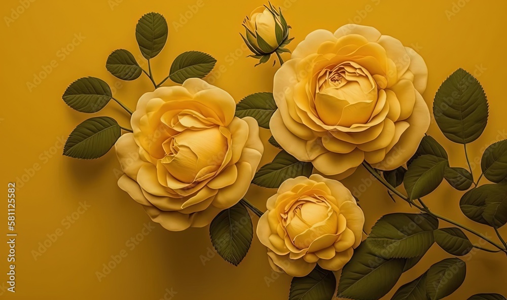  three yellow roses with green leaves on a yellow background with a green stem on the left side of t