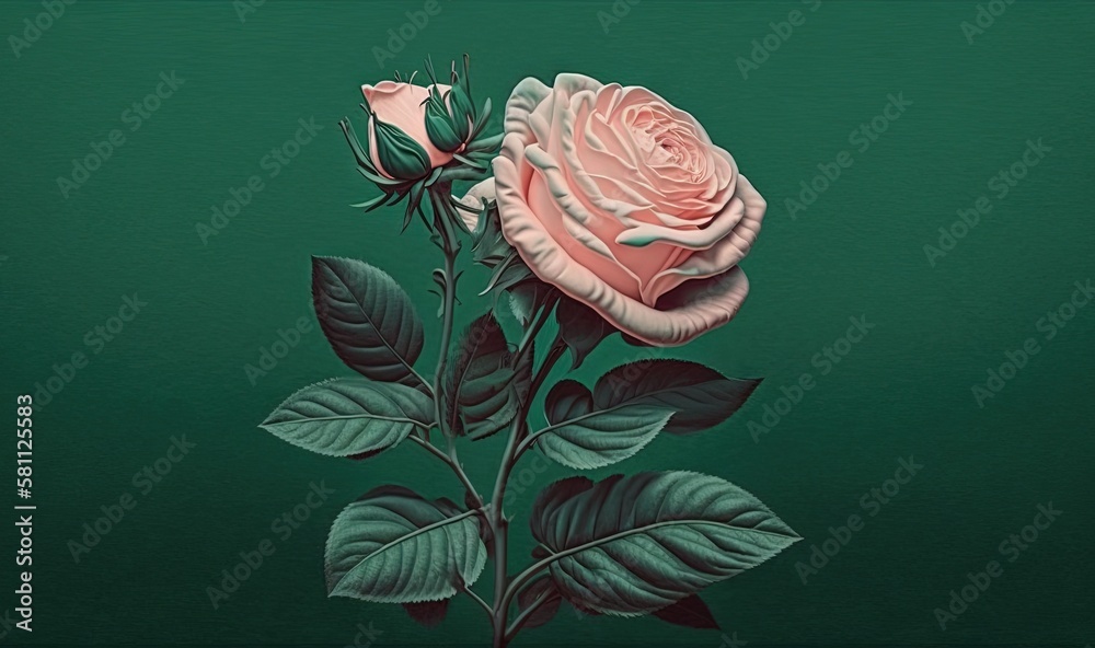  a painting of a pink rose with green leaves on a dark green background with a green background and 