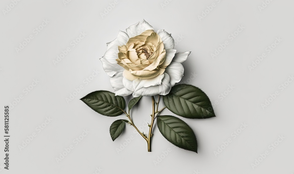  a white rose with green leaves on a gray background with a shadow of the rose on the left side of t