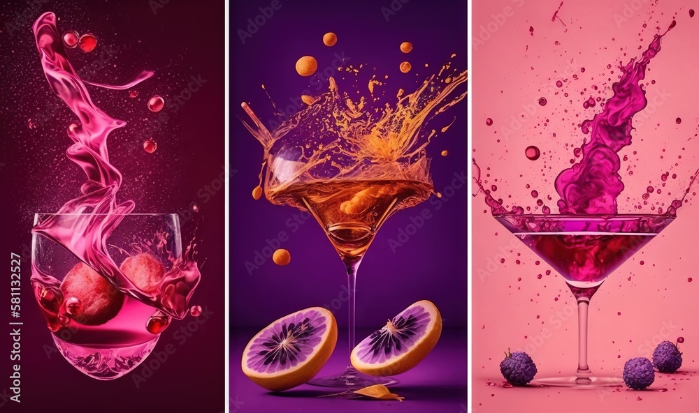  a series of three images with different colored liquid and fruit in them, and a glass of wine with 