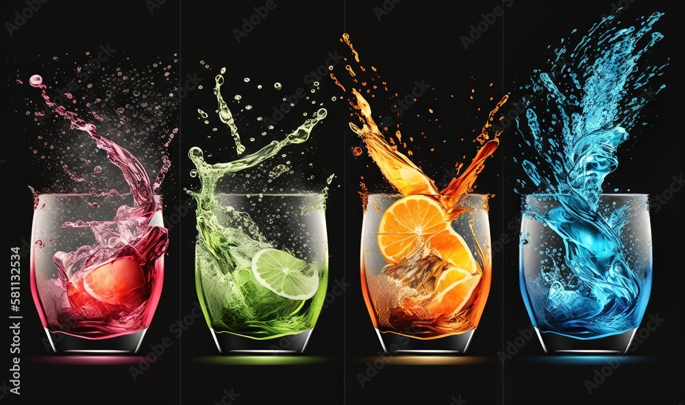  a group of three glasses filled with different colored liquid and a slice of orange on top of the g