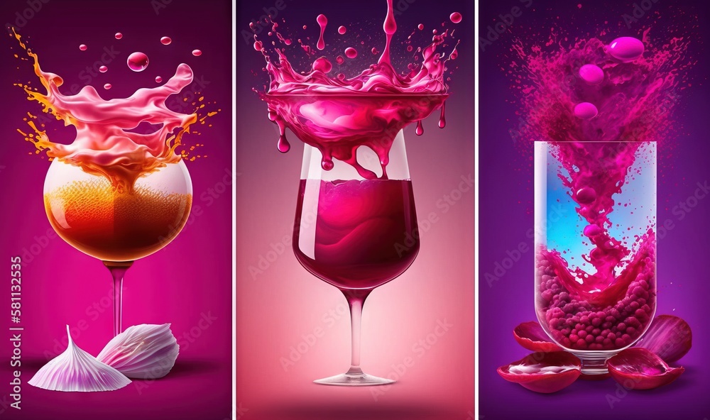  a series of three images with different colored liquids in a glass and a wine glass with a shell on