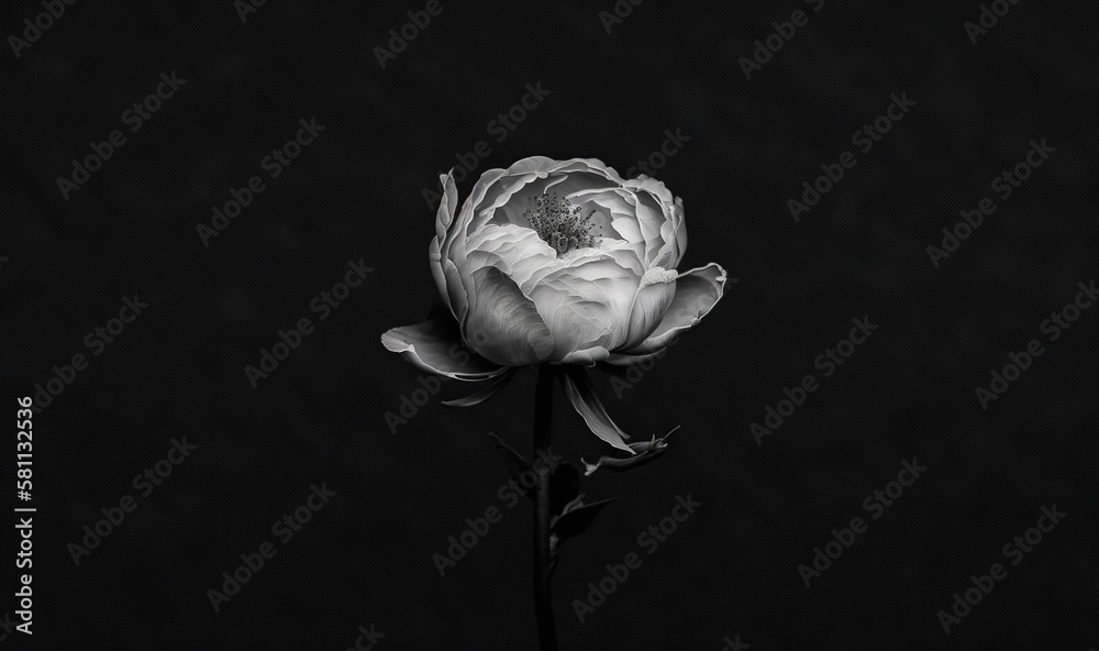  a black and white photo of a flower in the middle of a dark room with a black background and a sing